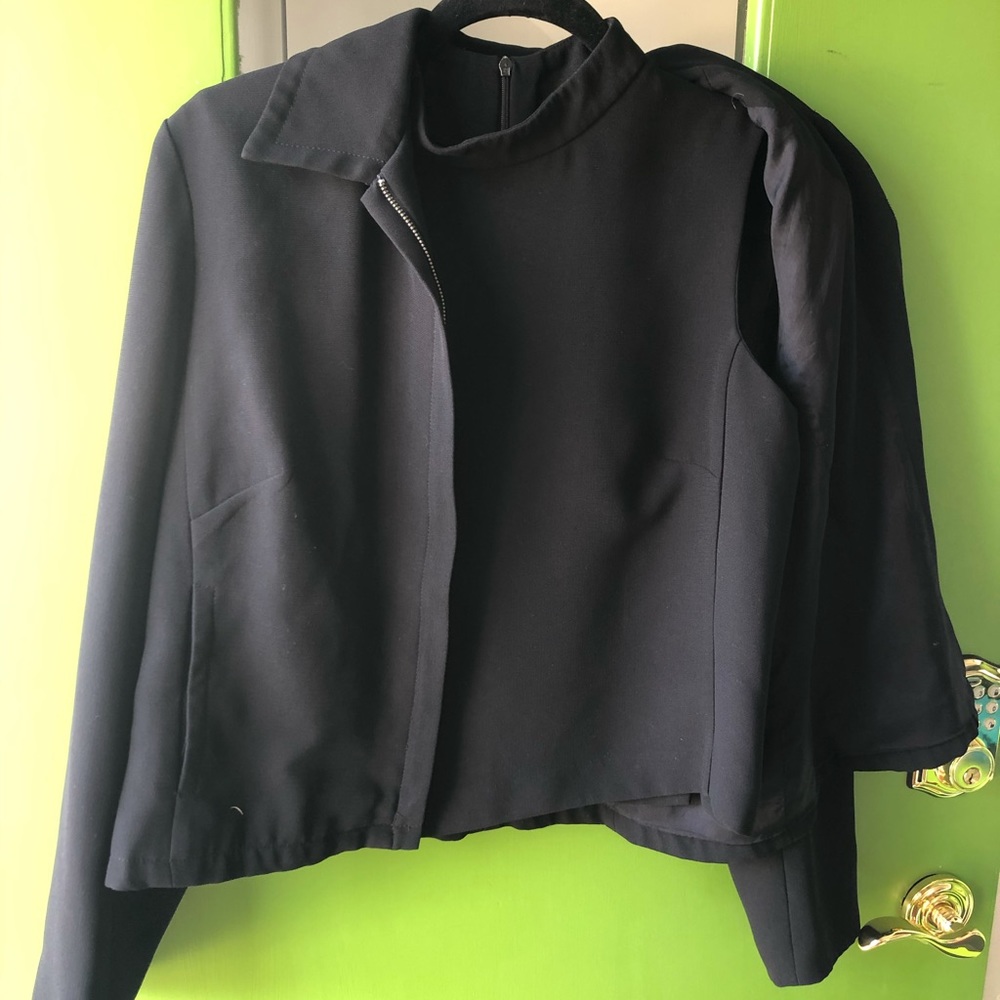 Short waisted Black Crepe sleeveless mock zips up the back with matching jacket